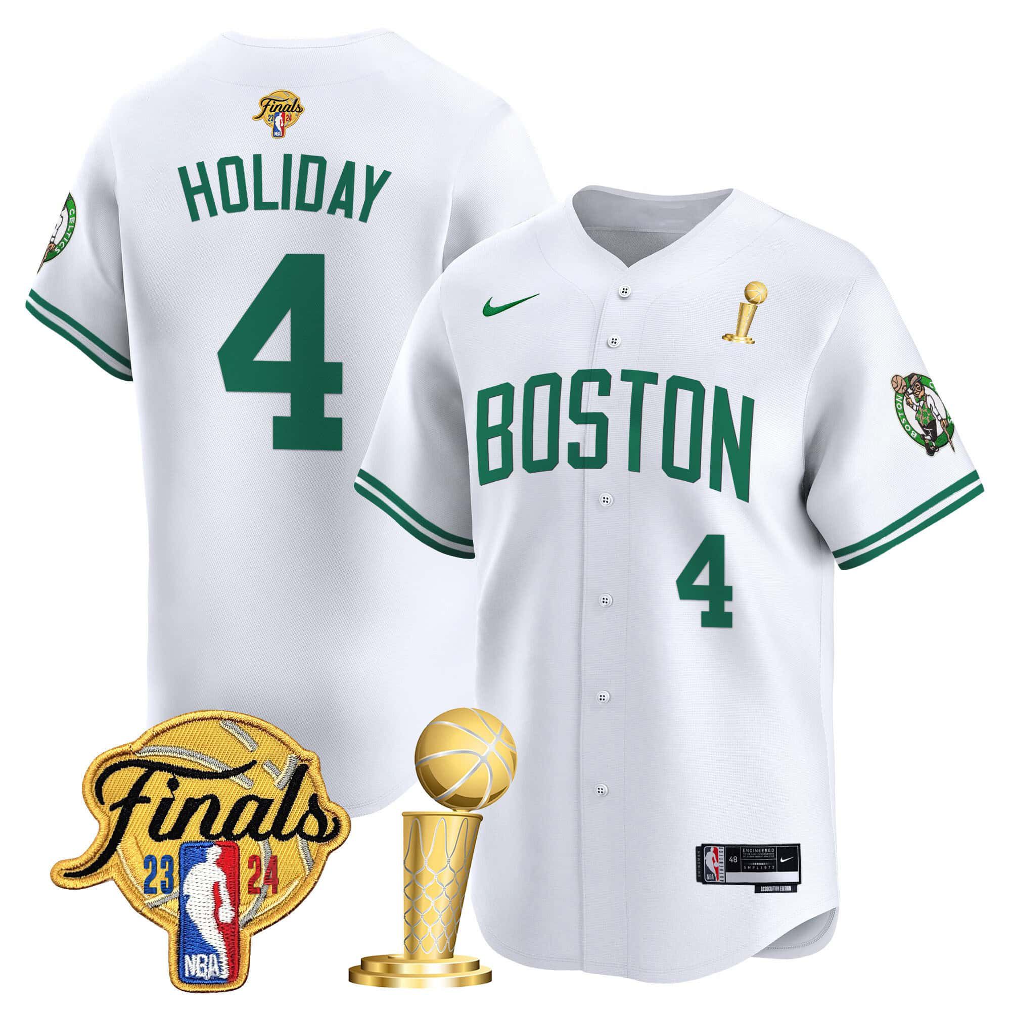 Men Boston Celtics #4 Holiday White 2024 Nike Final & Champions Patch Baseball NBA Jersey->->NBA Jersey
